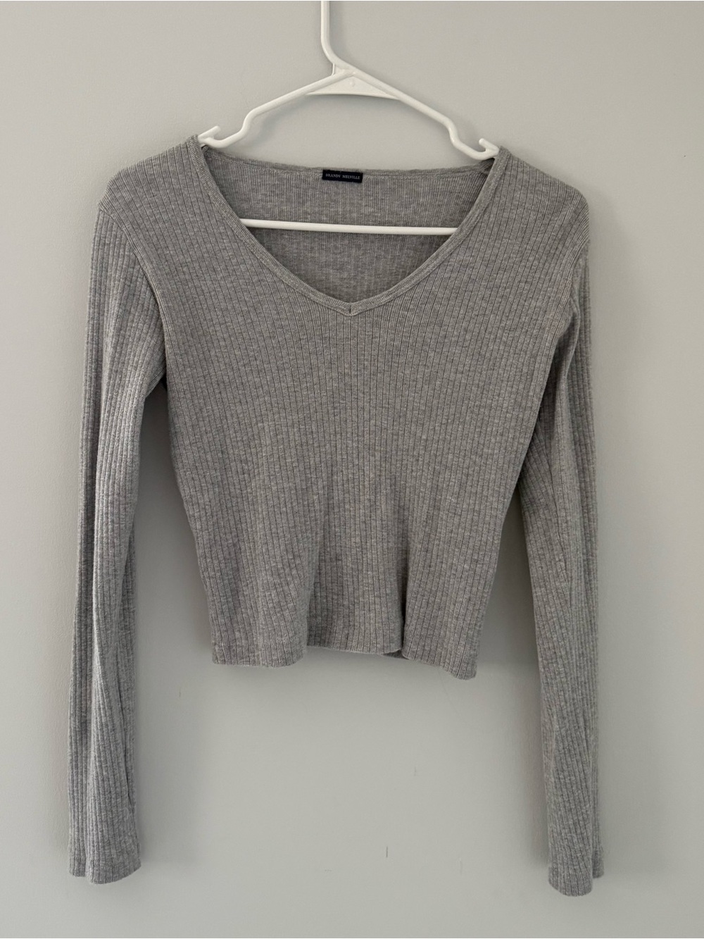 Brandy Melville Gray Ribbed V-Neck Long Sleeve Top